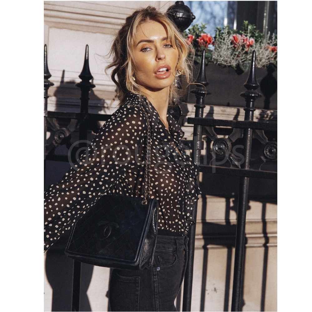 Bodysuit Spotty Print Chiffon Sheer Black Long Sleeve Ruffle Detail V-Neck - Picture 3 of 6